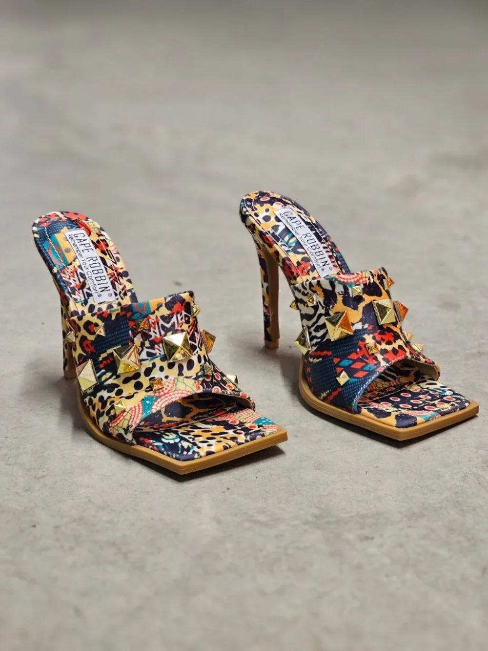 Cape Robbin Gold Studded Multicolor Printed High Heel Mules With Open Toe Womens - Picture 13 of 14